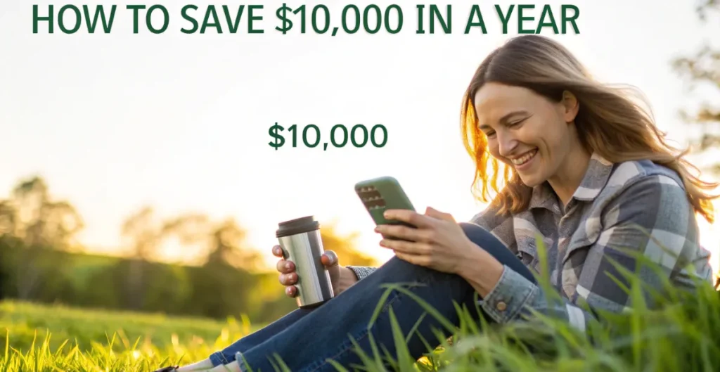 Woman sitting in grass using savings app showing how to save $10,000 in a year with budgeting strategies
