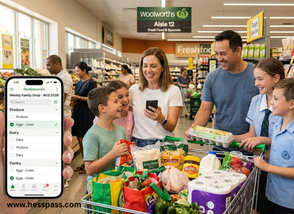 A family in an Australian supermarket using a smartphone to check a grocery list