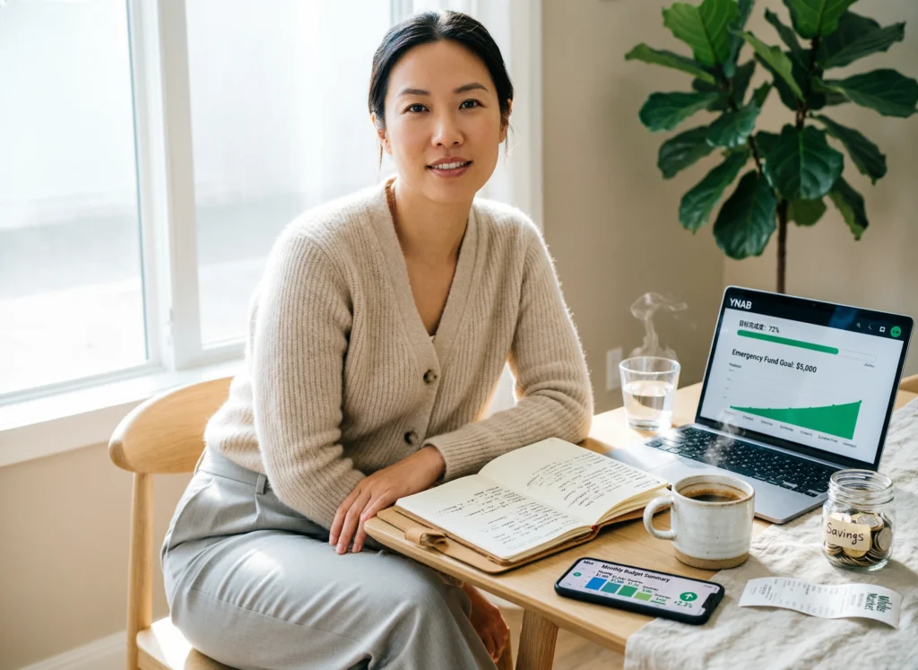 Confident woman reviewing her budget on a laptop at a kitchen table with coffee, water, and a savings jar, representing smart money-saving habits for women.