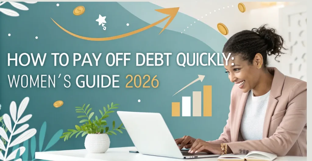 A confident woman managing her finances on a laptop, surrounded by charts and money icons, symbolizing financial growth and empowerment. How to Pay Off Debt Quickly: Women’s Guide 2026.