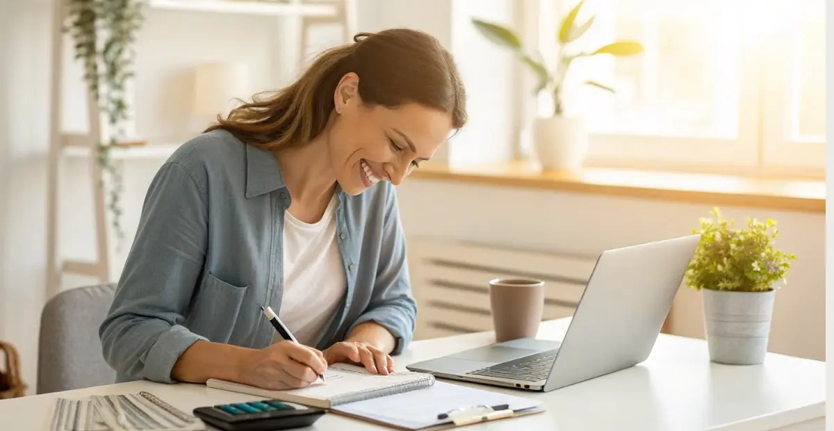 Woman planning budget with calculator and bills to reduce monthly expenses at home office desk