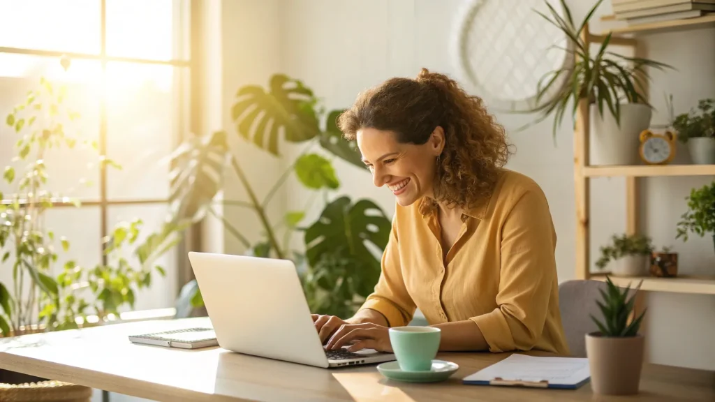 Woman working on laptop from home office representing side hustles for women in 2026