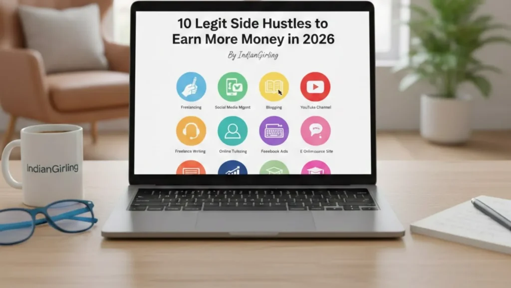 A laptop on a desk showing a list of 10 legit side hustles to earn more money in 2026, featuring icons for freelancing, social media management, and blogging.